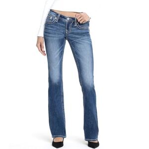 Miss Me Women's Blue Denim White Topstitch Lower Rise Bootcut Jeans Size 28